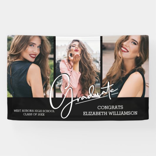 Afstuderen Gefeliciteerd Zwart Modern Foto Spandoek (Horizontaal)