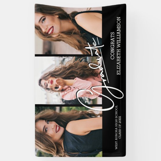 Afstuderen Gefeliciteerd Zwart Modern Foto Spandoek (Verticaal)