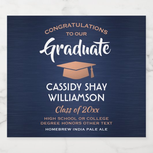 Afstuderen gegoten marineblauw wit koper bier etiket (Enkel label)