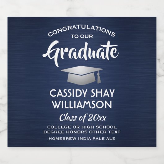 Afstuderen gegoten marineblauw, zilver bier etiket (Enkel label)