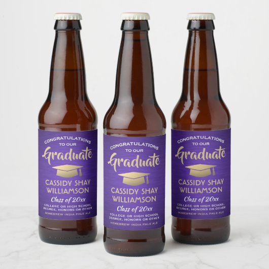 Afstuderen gegoten Paars goud en wit Bier Etiket (Flessen)