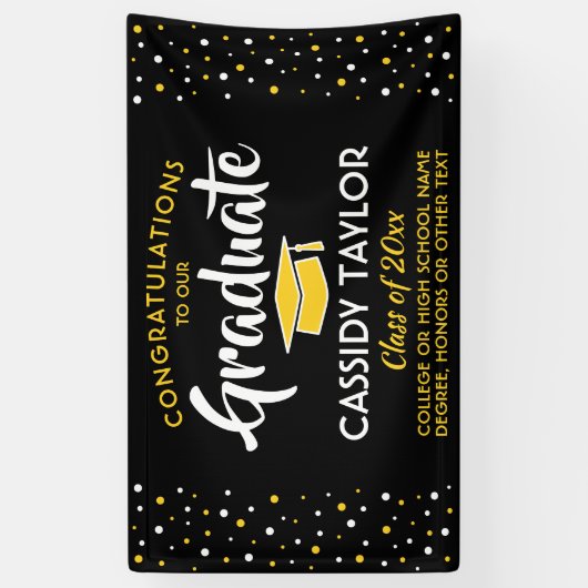 Afstuderen Geheel Confetti Zwart Goud Geel Spandoek (Verticaal)