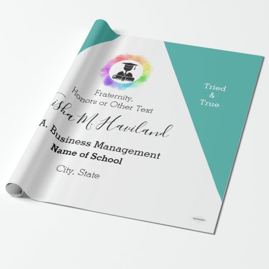 Afstuderen Gift Wrap Aqua en White HAMbyWG Cadeaupapier (Uitgerold)