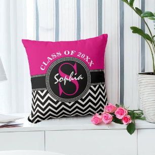 Afstuderen Girl Hot Pink en Black Class Jaar Kussen