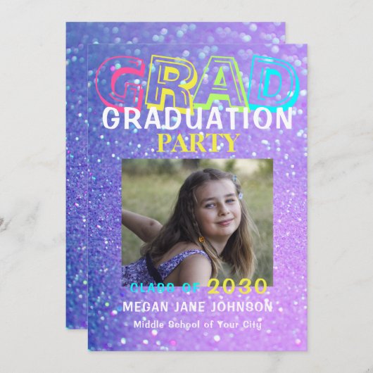 Afstuderen girly glitter foto middelbare school kaart (Voorkant / Achterkant)