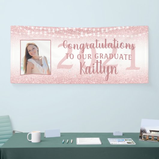 Afstuderen Girly Roos Gold Glitter Lights Foto Spandoek (Beurs)