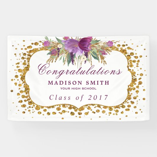 Afstuderen Glitter Waterverf Flower Gold Confetti Spandoek (Horizontaal)