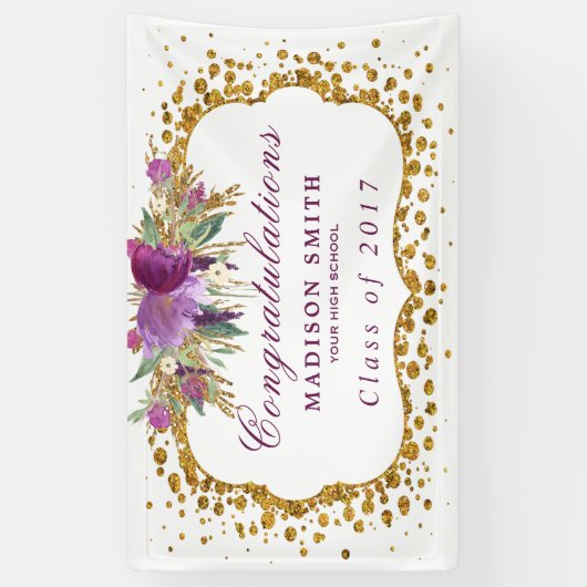 Afstuderen Glitter Waterverf Flower Gold Confetti Spandoek (Verticaal)