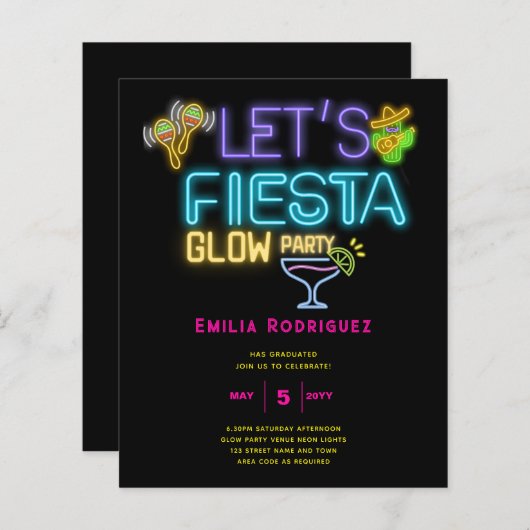 Afstuderen Glow Party Invitación Fiesta de Neón (Voorkant / Achterkant)