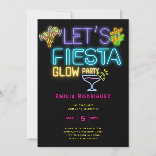 Afstuderen Glow Party Invitación Fiesta de Neón Kaart (Voorkant)