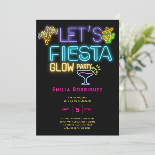 Afstuderen Glow Party Invitación Fiesta de Neón Kaart (Staand voorkant)
