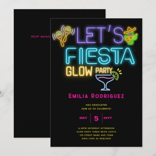 Afstuderen Glow Party Invitación Fiesta de Neón Kaart (Voorkant / Achterkant)