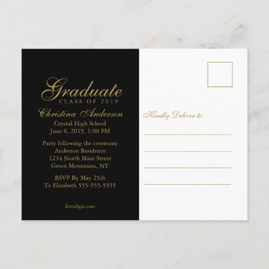 Afstuderen Gold Afstudeerder Pet en script op Blac Uitnodiging Briefkaart (Achterkant)