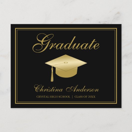 Afstuderen Gold Afstudeerder Pet en script op Blac Uitnodiging Briefkaart (Voorkant)