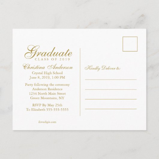 Afstuderen Gold Afstudeerder Pet & Script op White Uitnodiging Briefkaart (Achterkant)