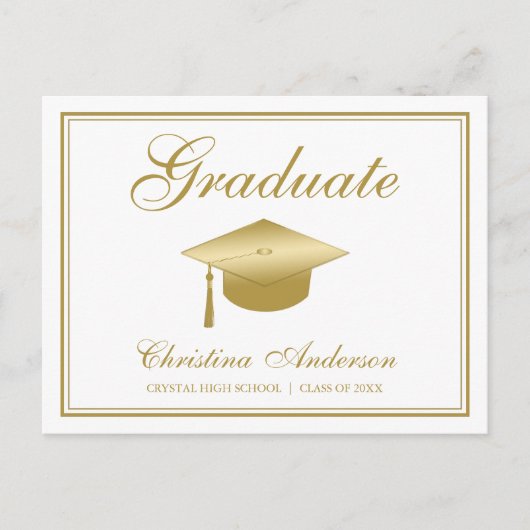 Afstuderen Gold Afstudeerder Pet & Script op White Uitnodiging Briefkaart (Voorkant)