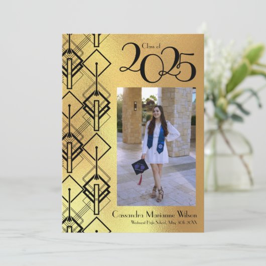 Afstuderen Gold Art Deco Black Aankondiging (Staand voorkant)