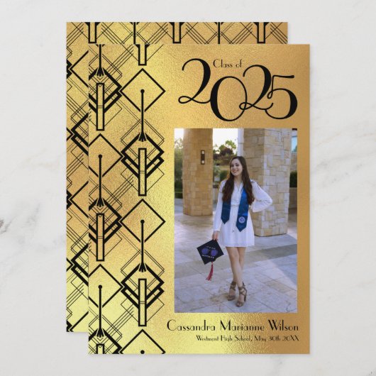 Afstuderen Gold Art Deco Black Aankondiging (Voorkant / Achterkant)