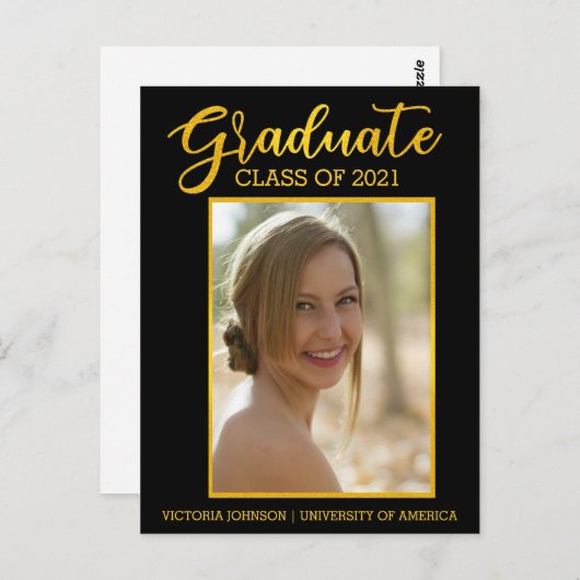 Afstuderen Gold Black Photo Class of 2021 Afstuder Briefkaart (Voorkant / Achterkant)