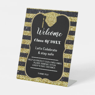 Afstuderen Gold Black Stripes Party veiligheid Reclamebord Met Voetstuk