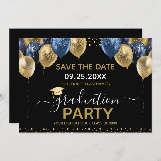 Afstuderen Gold Blue Save the Date Invitation Kaart (Voorkant / Achterkant)