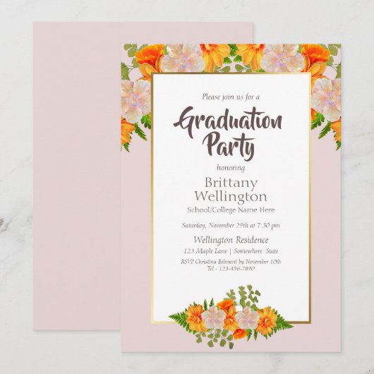Afstuderen Gold Blush Pink Oranje Florence Party Kaart (Voorkant / Achterkant)