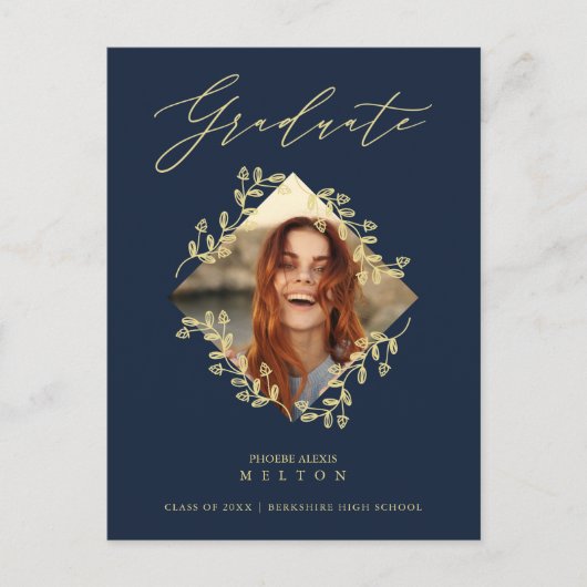 Afstuderen Gold Diamond Wildflower Navy Foto Briefkaart (Voorkant)