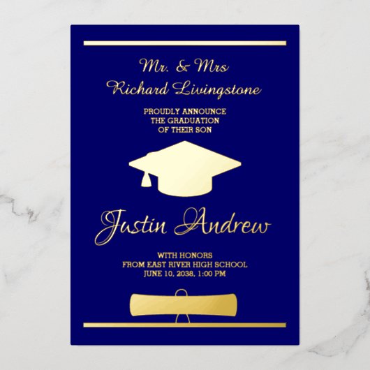 Afstuderen Gold Foil Blue Announcement Kaart (Voorkant)