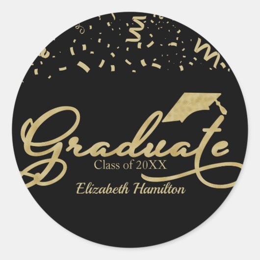 Afstuderen Gold Foil Graduation Party Zwart Ronde Sticker (Voorkant)
