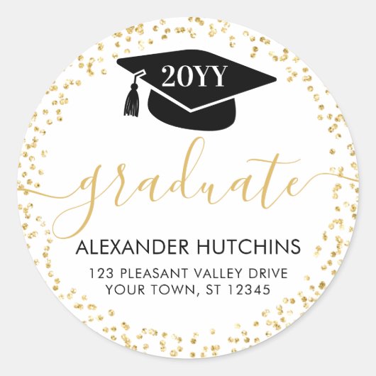 Afstuderen Gold Glitter Confetti Retouradres Ronde Sticker (Voorkant)