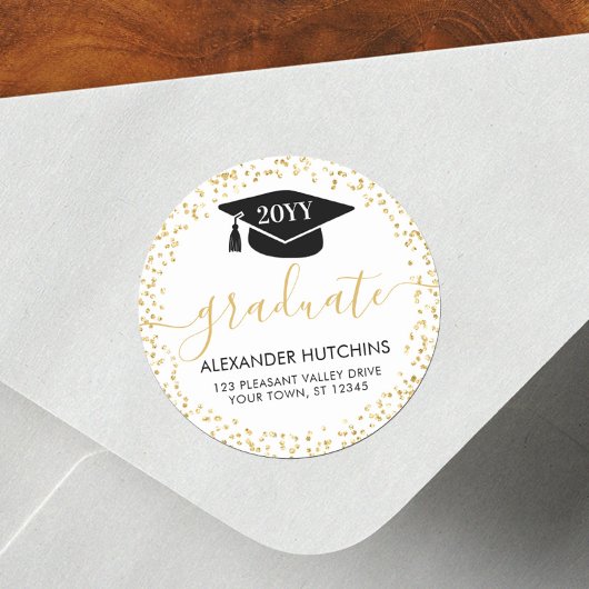 Afstuderen Gold Glitter Confetti Retouradres Ronde Sticker