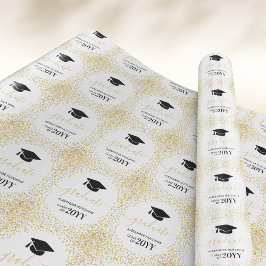 Afstuderen Gold Glitter Confetti White Black Cadeaupapier