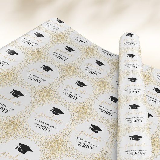 Afstuderen Gold Glitter Confetti White Black Cadeaupapier