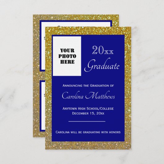 Afstuderen Gold Glitter Navy Blue Aankondiging (Voorkant / Achterkant)