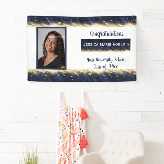 Afstuderen Gold Glitter op Blue Custom Photo Spandoek (Insitu)