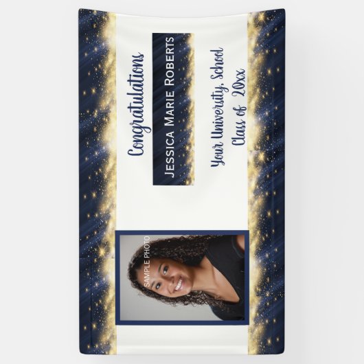 Afstuderen Gold Glitter op Blue Custom Photo Spandoek (Verticaal)