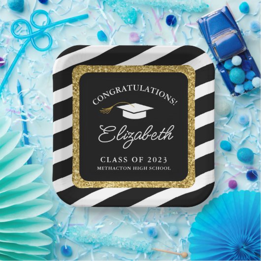 Afstuderen Gold Glitter Script Graduparty Papieren Bordje (Feest)