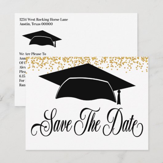 Afstuderen Gold Glitter slaat de datum op Aankondigingskaart (Voorkant / Achterkant)