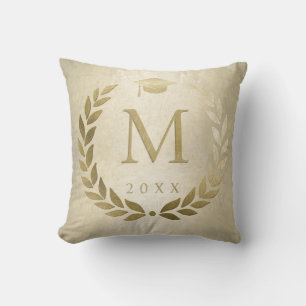Afstuderen Gold Laurel Wreath Monogrammed Initiaal Kussen