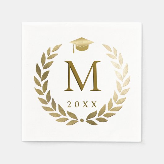 Afstuderen Gold Laurel Wreath Monogrammed Initiaal Servet (Voorkant)