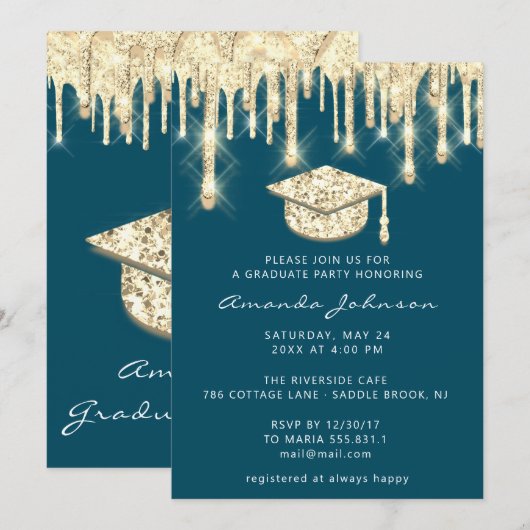 Afstuderen Gold Pet Glitter Glam Blauwgroen 3D Kaart (Voorkant / Achterkant)