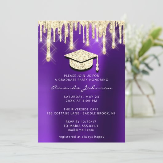 Afstuderen Gold Pet Glitter Glam Paars 3D Kaart (Staand voorkant)