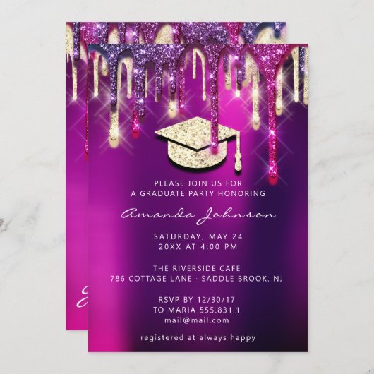 Afstuderen Gold Pet Glitter Holograaf PINK 3D Kaart (Voorkant / Achterkant)