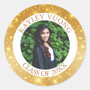 Afstuderen Gold Sparkle Custom Senior Photo Party Ronde Sticker