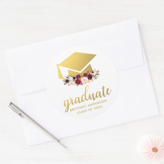 Afstuderen Goud Bourgogne Waterverf Bloemen Ronde Sticker (Envelop)