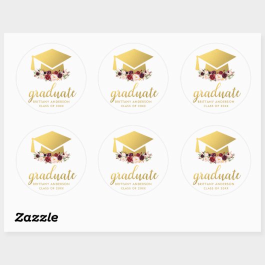 Afstuderen Goud Bourgogne Waterverf Bloemen Ronde Sticker (Vel)