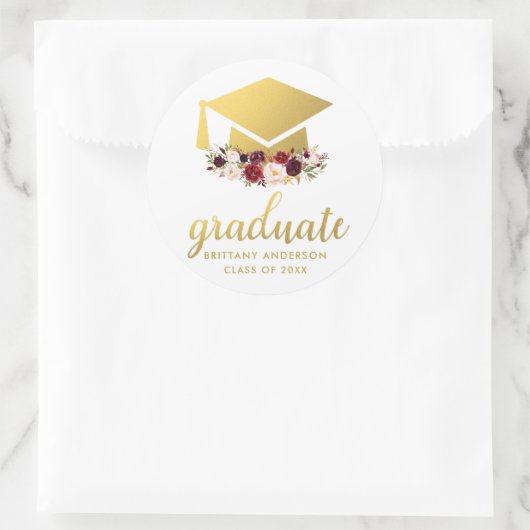 Afstuderen Goud Bourgogne Waterverf Bloemen Ronde Sticker (Tas)