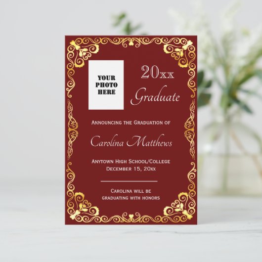 Afstuderen Goud Lijst Maroon Aankondiging (Staand voorkant)