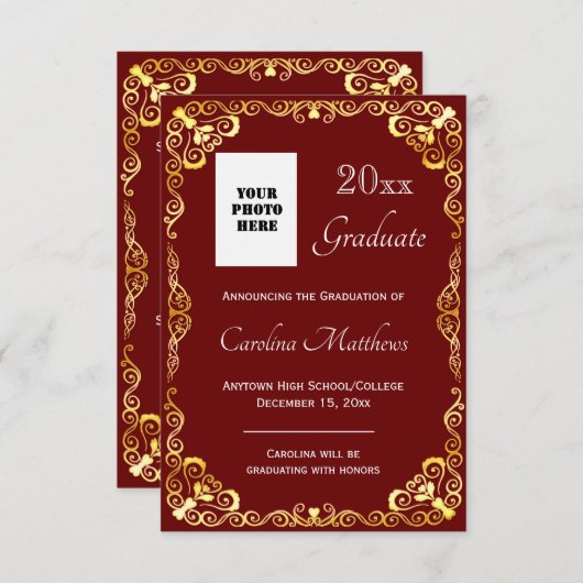 Afstuderen Goud Lijst Maroon Aankondiging (Voorkant / Achterkant)