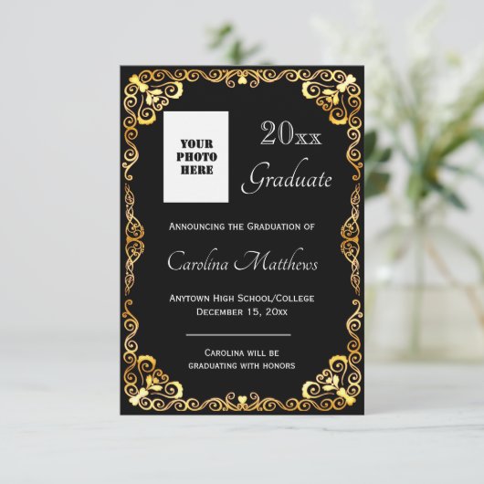 Afstuderen Goud Lijst Zwart Aankondiging (Staand voorkant)